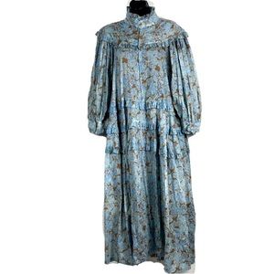 Yvonne S Maxi Midi sz M Boho Dress Queen Victoria ruffle blue floral Gypsy